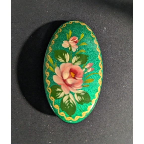 Vintage 1980s Russian Brooch Pin Hand Painted Floral Oval Lacquered Signed Green - Picture 3 of 7